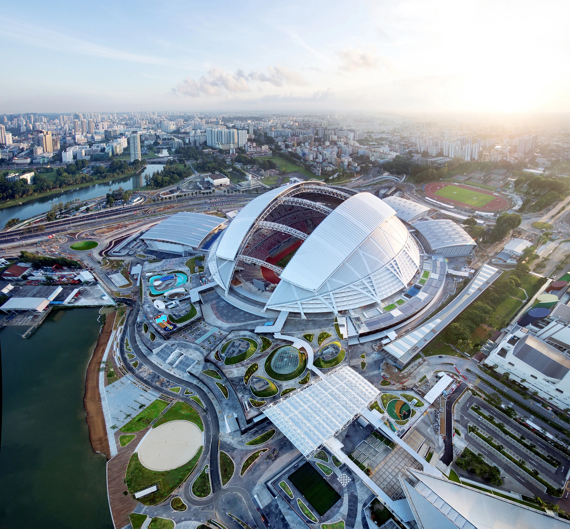 Aerial photograph of Singapore National Stadium and Sports Hub demonstrating complex large-venue infrastructure
