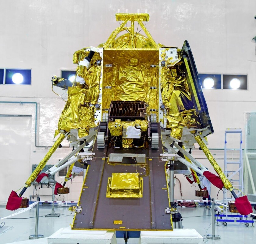 The Pragyan rover pictured with the Vikram lander prior to launch