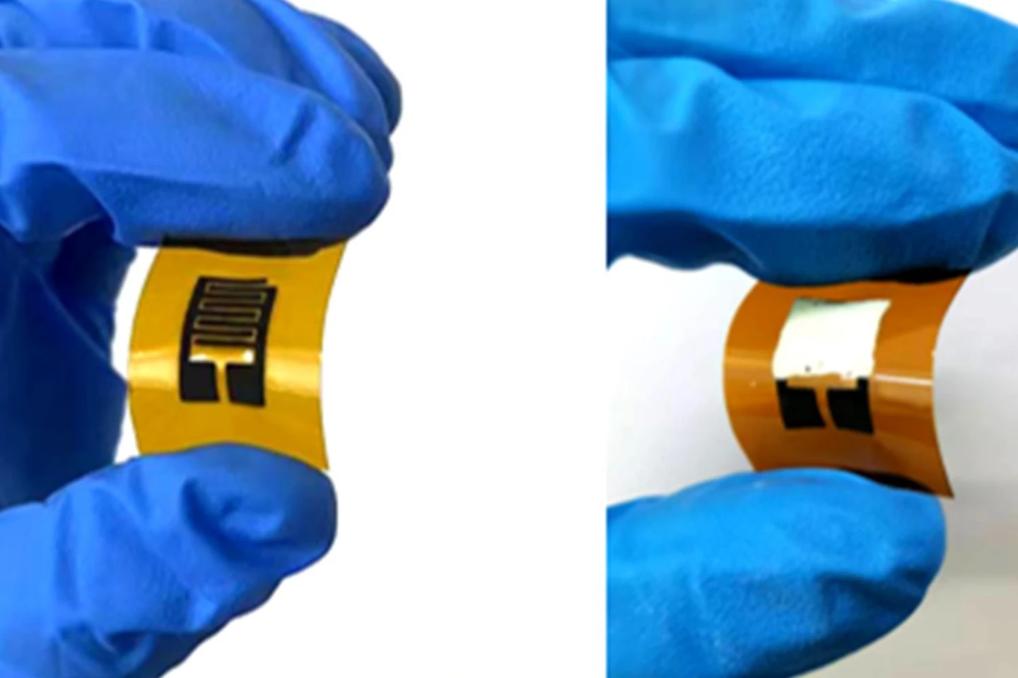 An example of the sensor before it detects acetone on the left, and after, on the right