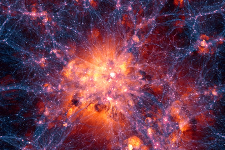 Illustris simulation still frame centered on the most massive galaxy cluster existing today, with dark matter shown as blue-purple filaments and bubbles of red, orange and white indicating gas being blasted outward by supernovae or jets from supermassive black holes (Image: Illustris Collaboration)