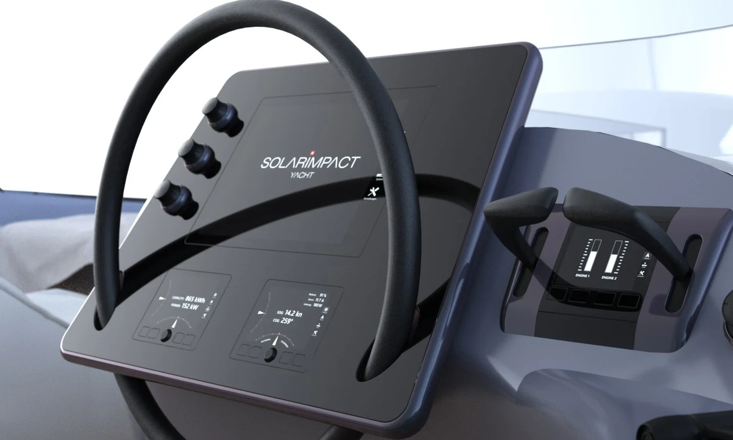 SolarImpact: fully digital helm. This yacht uses a lot of automation and even some artificial intelligence to make piloting it a one-man job