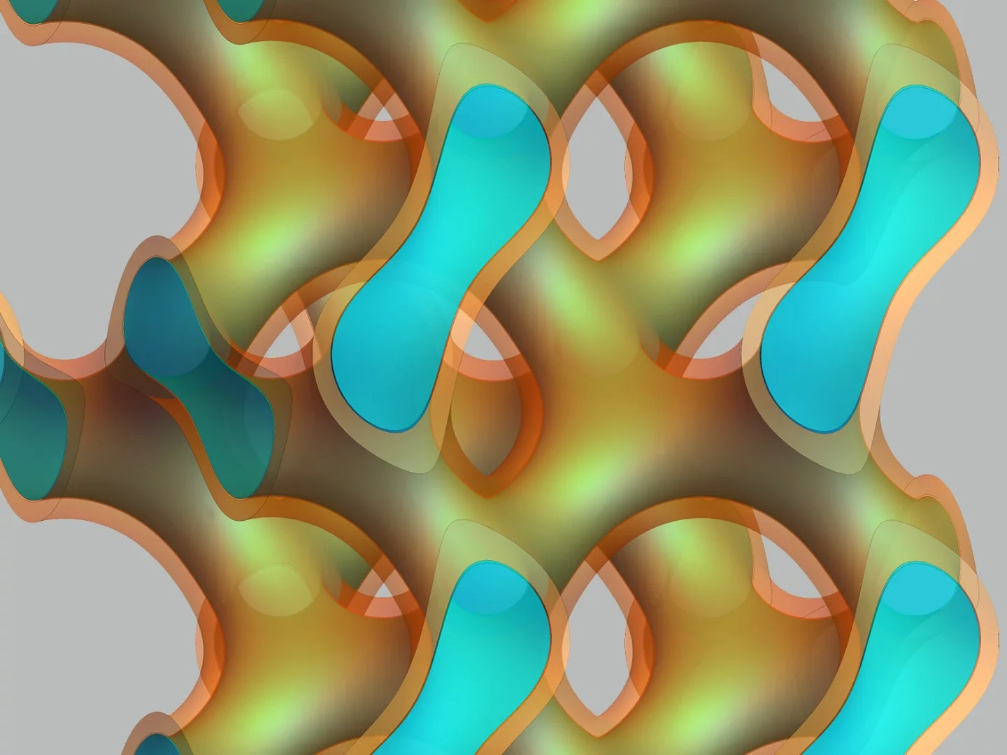 The lipids form networks of channels which enclose water, seen in light blue