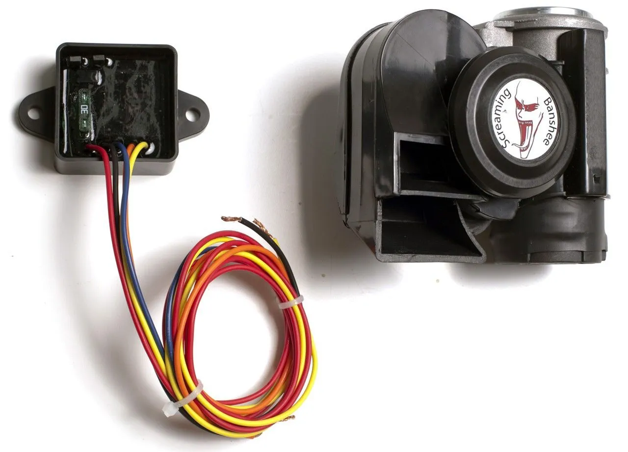 The Screaming Banshee air horn (right) and its sealed control unit