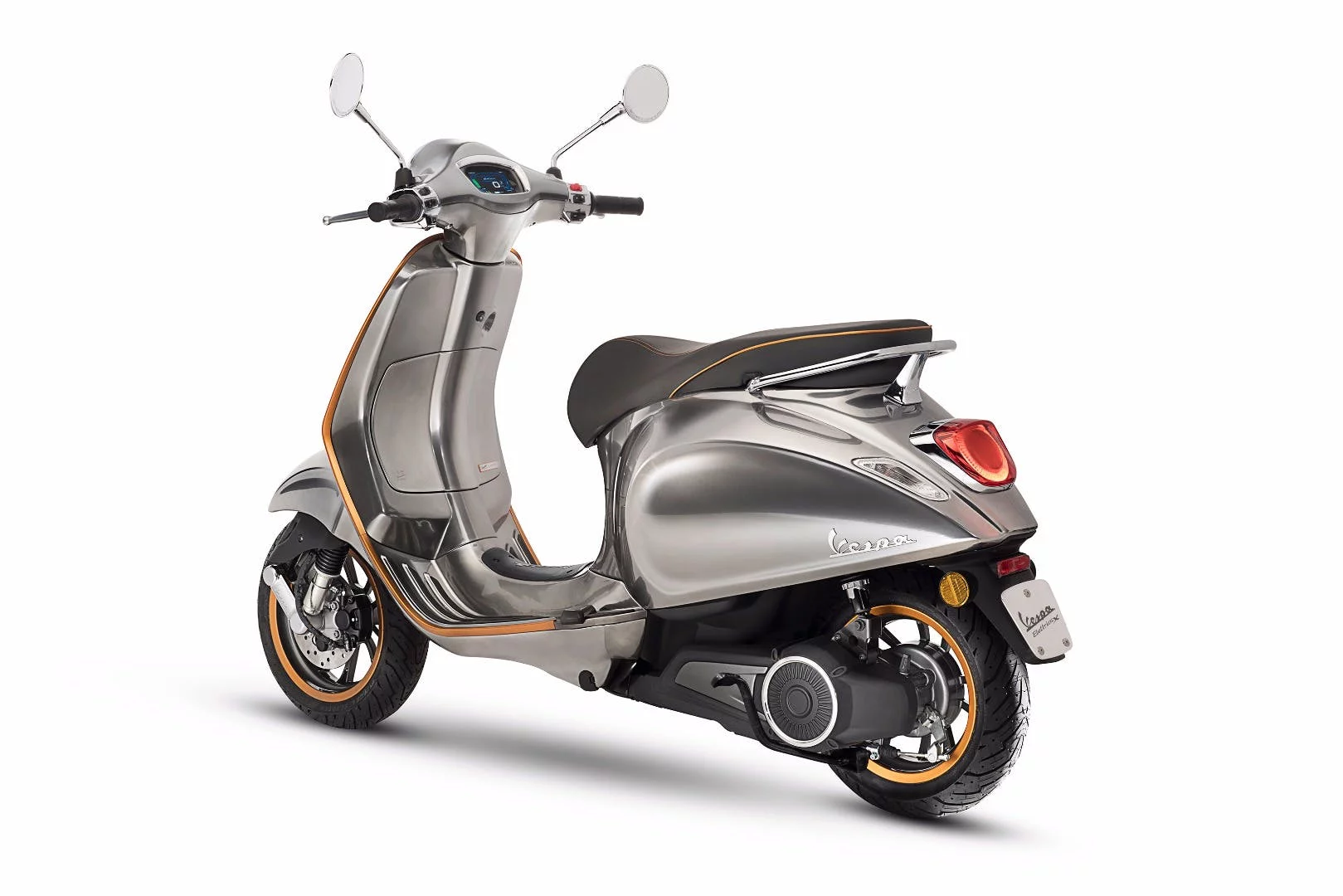 The Vespa Elettrica comes in chrome grey with one of seven color accents