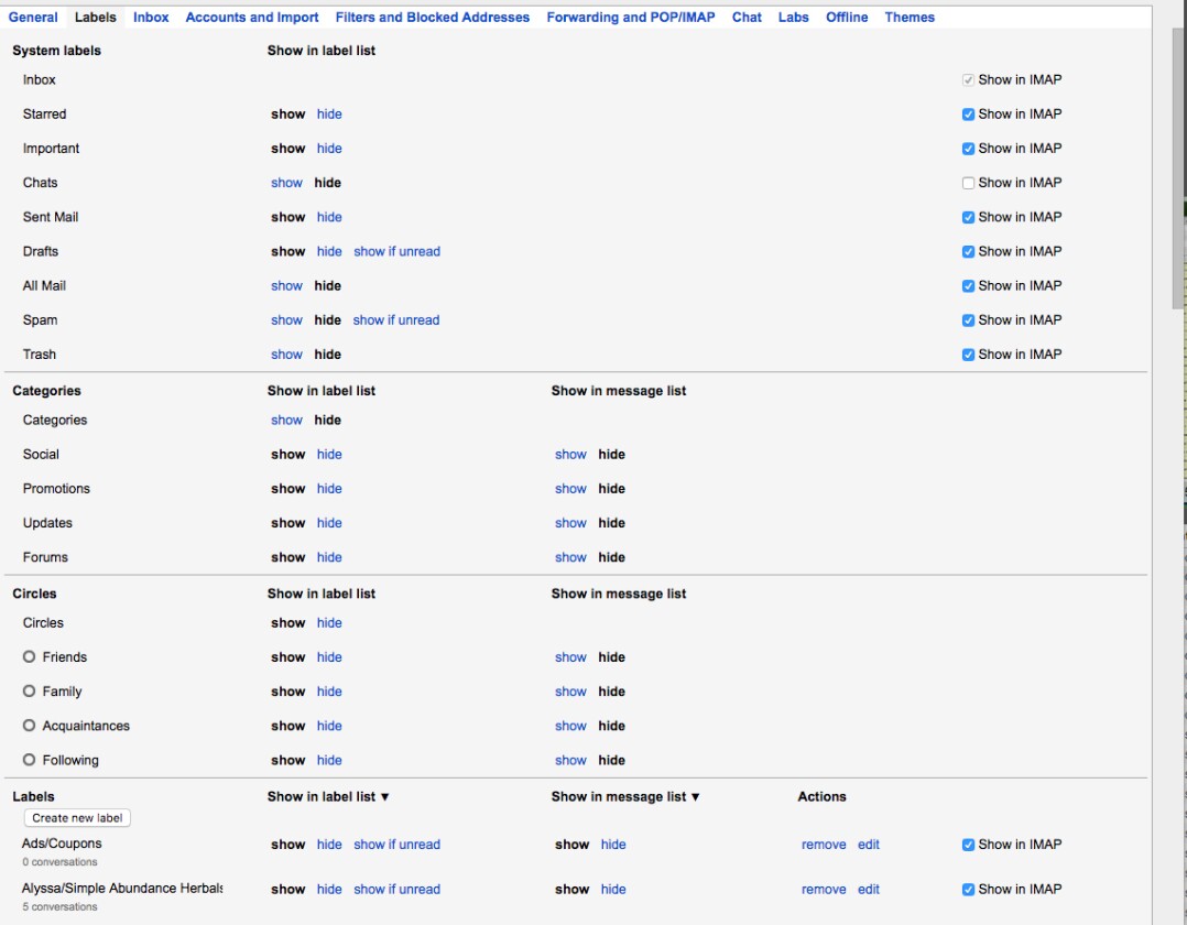 Gmail > Settings > Labels