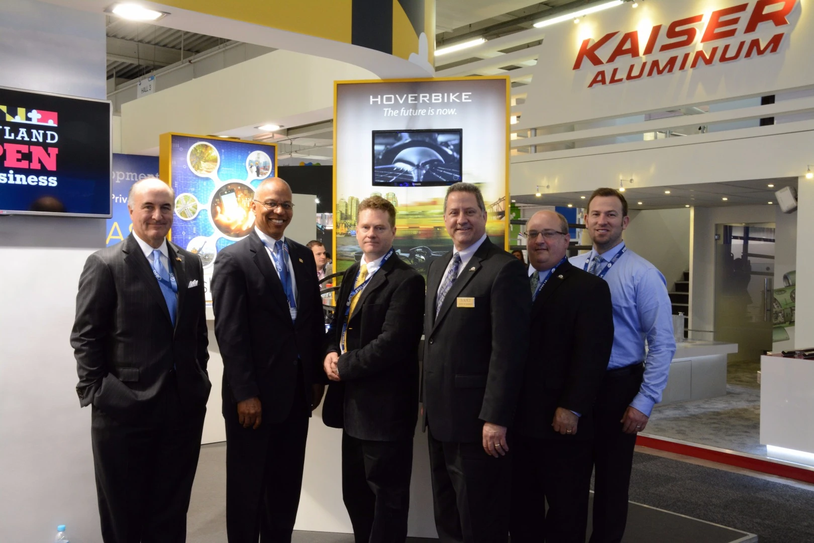 Announcing the Hoverbike developments at the Paris Air Show, (from the left) Michael Gill, Lt. Governor Rutherford, Hoverbike's Grant Stapleton, Mark Butkiewicz and Bruce Simon from Survice and Curtis Fullmer