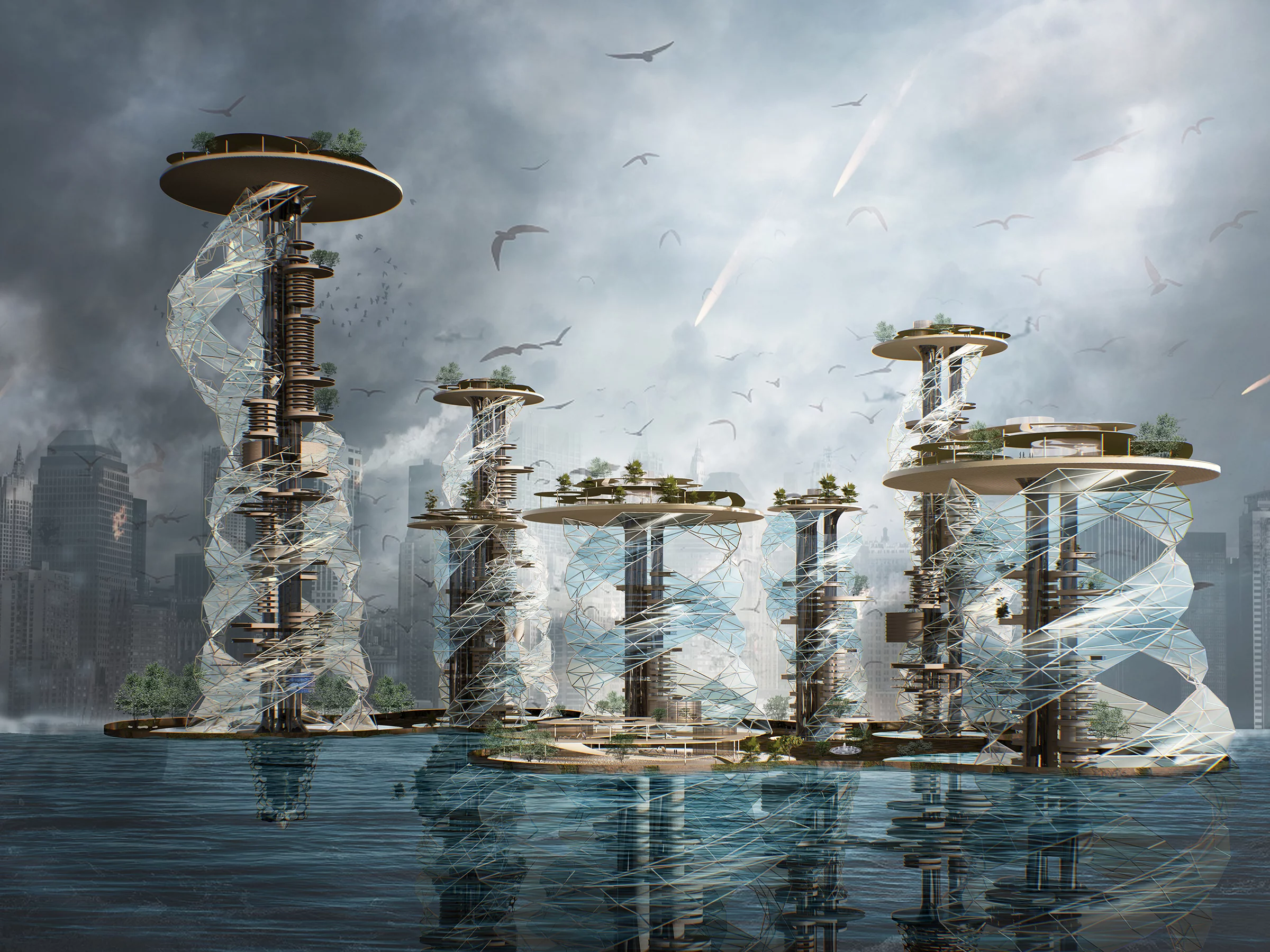 Design Scheme Of Disaster Response And Regeneration Island In Japan was designed by Yinuo Zhang, Jialu Huang, Binbin Ye and Ya Yu. It imagines a "mobile regeneration island" to cope with various natural disasters facing Japan. When a disaster comes, it would move in real time according to the location of the disaster, providing shelter and even reducing the effects of tsunamis