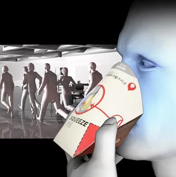 The Firescuba is a cardboard cup-shaped device that, when fitted, allows users to breathe through a carbon filter, and is designed to be used a in a fire-related emergency