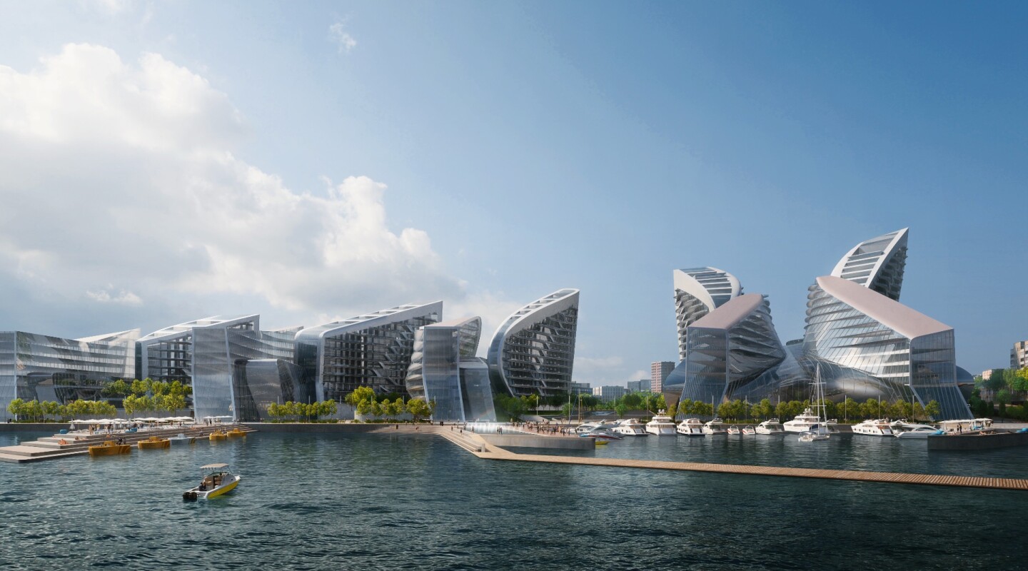 "Applying the concept of 'instancing' in which nine iterations of a single form evolve in a gradient across the site, the configuration of each building is established according its unique function, conditions and requirements," says Zaha Hadid Architects