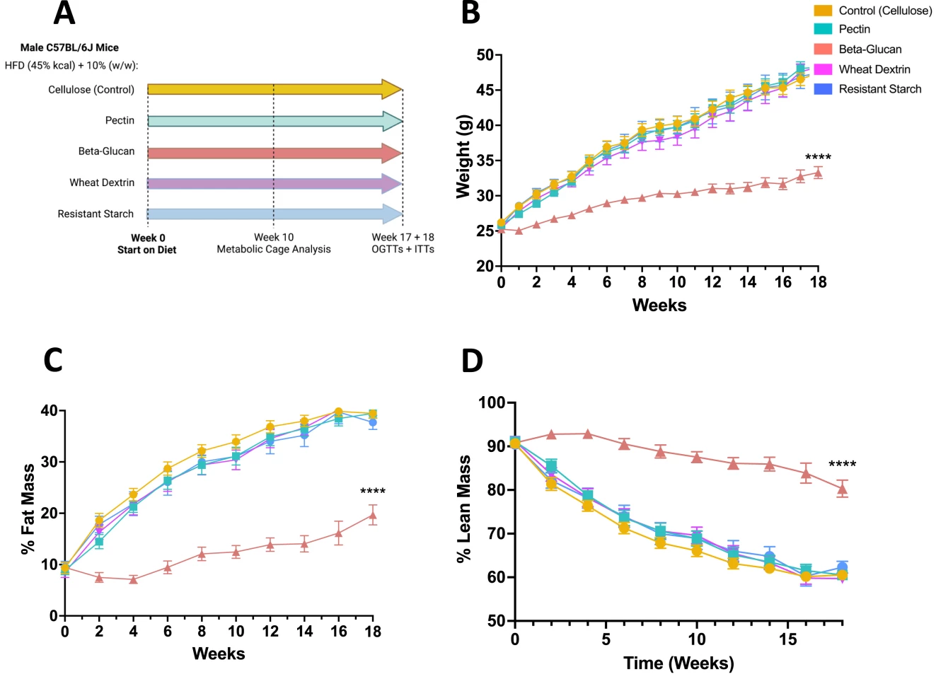 The mice fed 10% beta-glucan had much lower weight gain and fat mass, while higher lean mass, than the other animals on different fiber-supplemented high-fat, high-sucrose diets