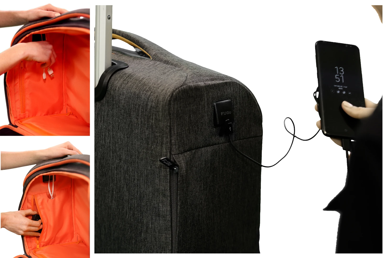 The Rollux features a USB charging port with two cables