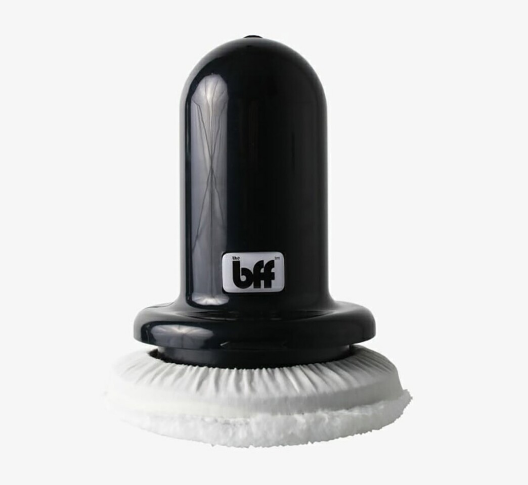 The BFF's fluffy white muff is useful for dry massage directly on the skin or through workout clothes