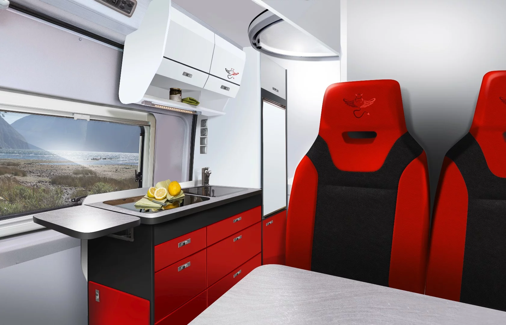 The VW Crafter Saint & Sinner features an expandable bench and dining table toward the front of the cabin