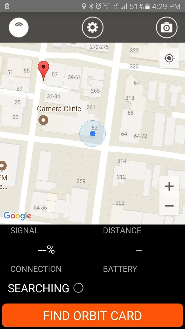 When the phone and the Orbit Card lose their Bluetooth connection, the app will drop a pin in a map to mark its last known location