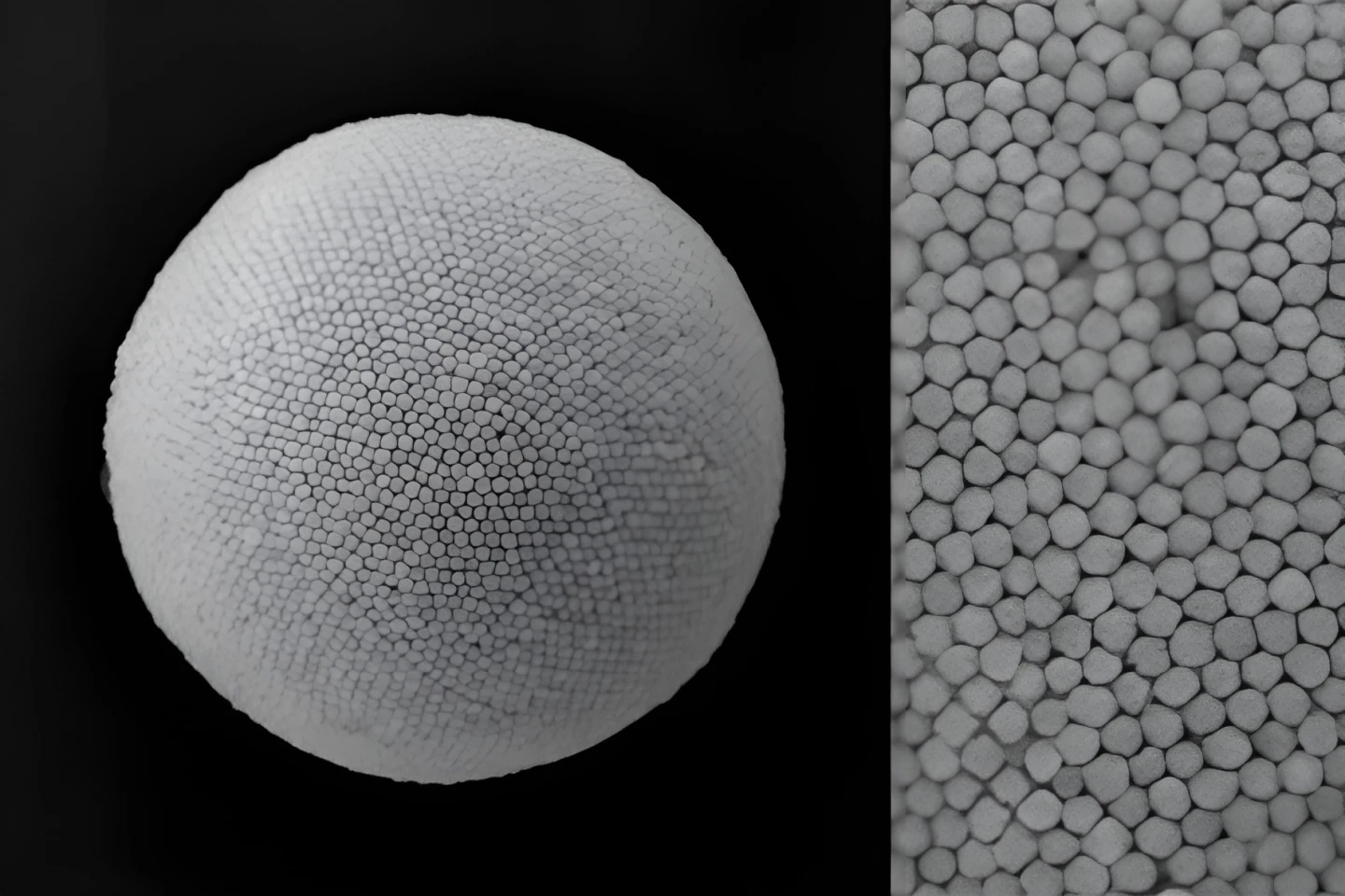 This supraball (left) is 2,100 nanometers in diameter and is made from hundreds of tiny gold nanoparticles (right) engineered to boost solar energy absorption