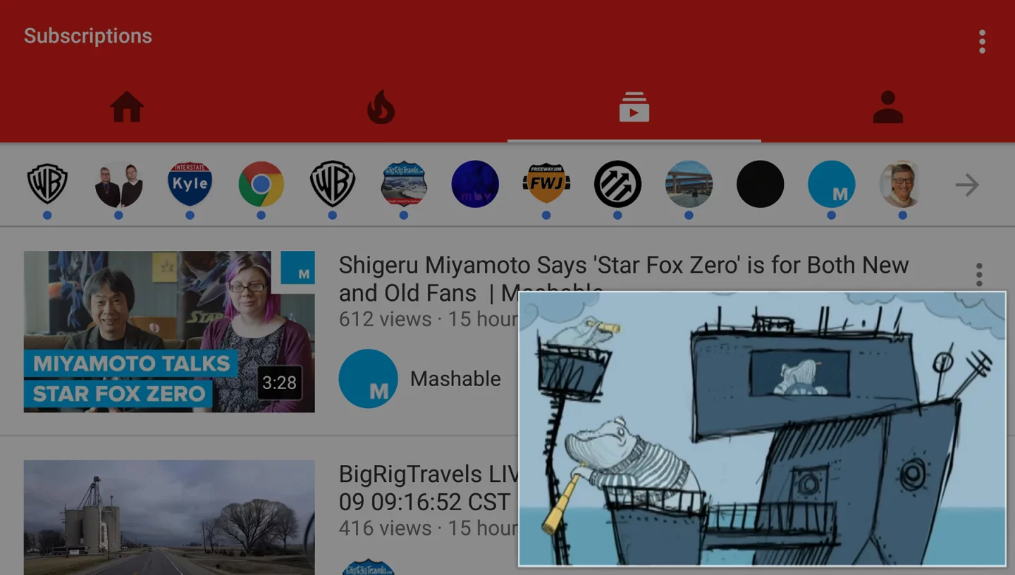 Picture-in-picture support is available in Android N too, though this image shows the feature as it works in the existing YouTube app