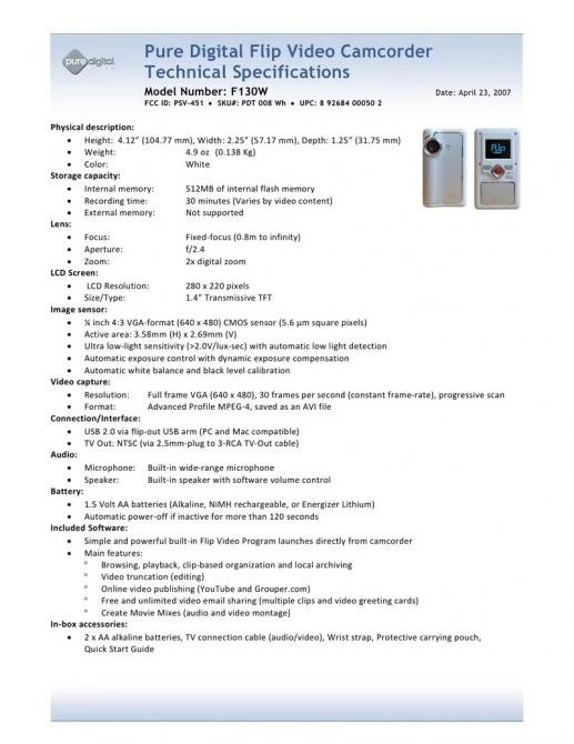 The Flip tech spec sheet