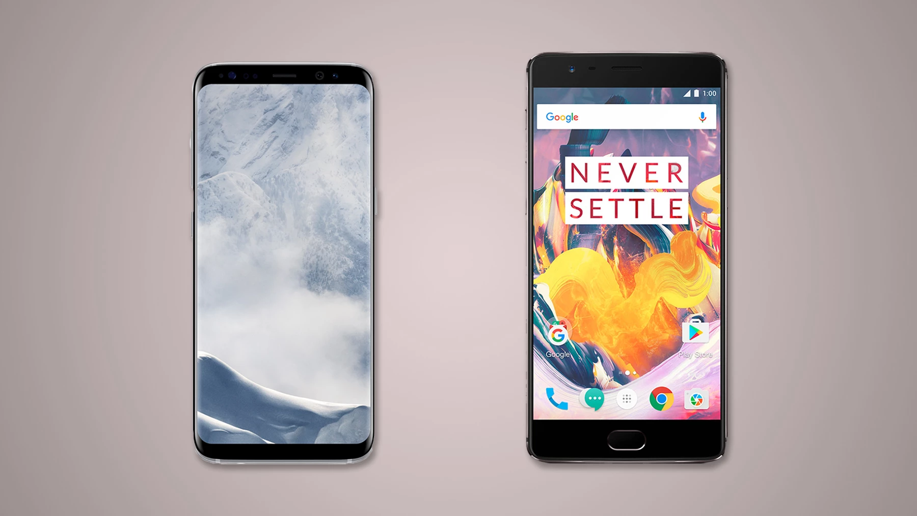 New Atlas compares the features and specs of the Samsung Galaxy S8 (left) and S8+ (not pictured) vs. the OnePlus 3T (right)