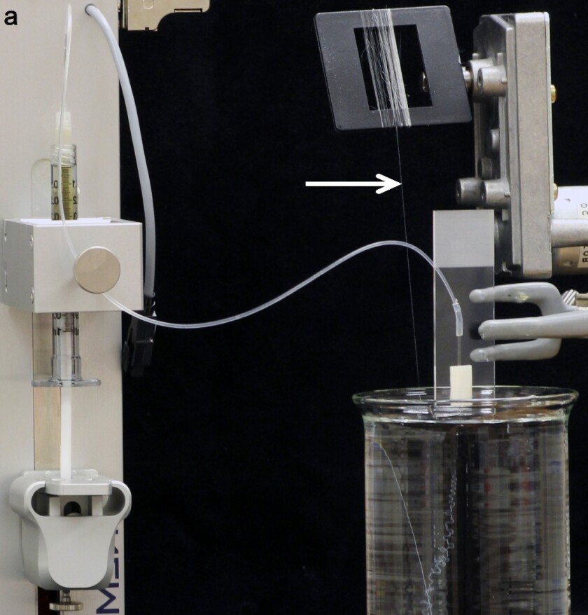 Highly concentrated spider silk protein solution in a syringe is pumped through a pulled glass capillary with a tip size of 10-30 micrometers, with the tip submerged in a low pH aqueous collection bath