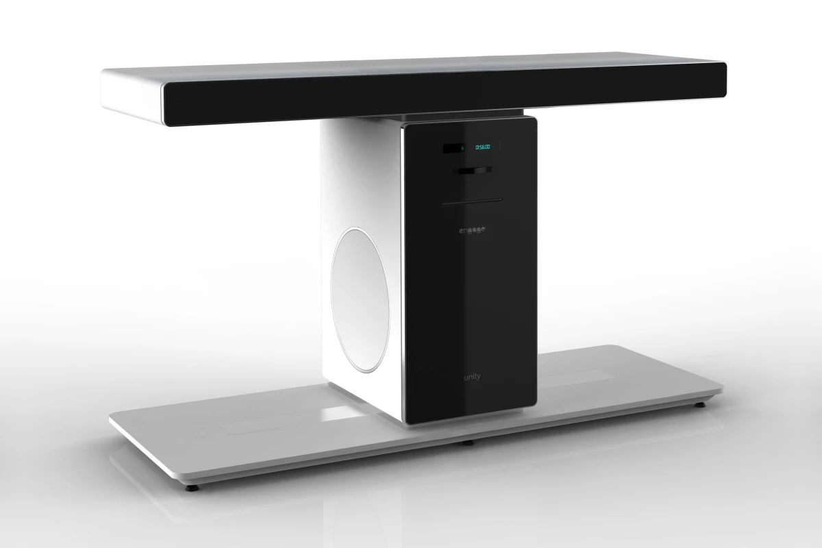 The "tShape" Unity Home Theater System is a TV stand that packs a 5.1 speaker system, amplifier and Blu-ray player