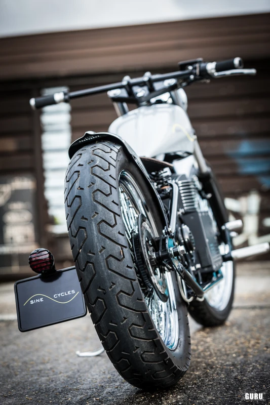 A thin 18-inch rear wheel for the Sine Cycles electric chopper