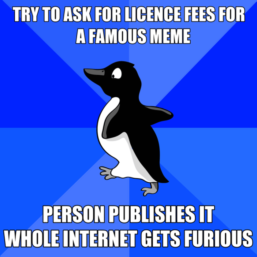 After the Geeksisters were served with an infringement notice they removed the offending penguin image and republished the meme with a crudely drawn replacement.