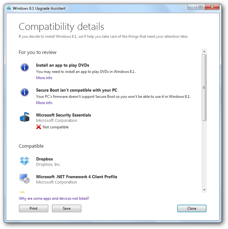 Results of what is compatible on your computer with Windows 8.1