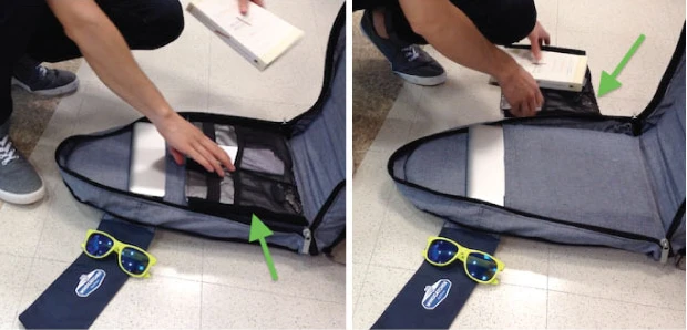 The inflatable pads each grow from 0.25 to 2 inches (0.64 to 5.1 cm) and can be left inflated with the backpack closed, creating a protective air cushion around your valuables inside