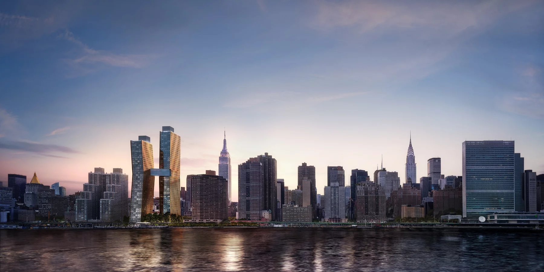 The towers (at left) will be 41 and 48 stories in height