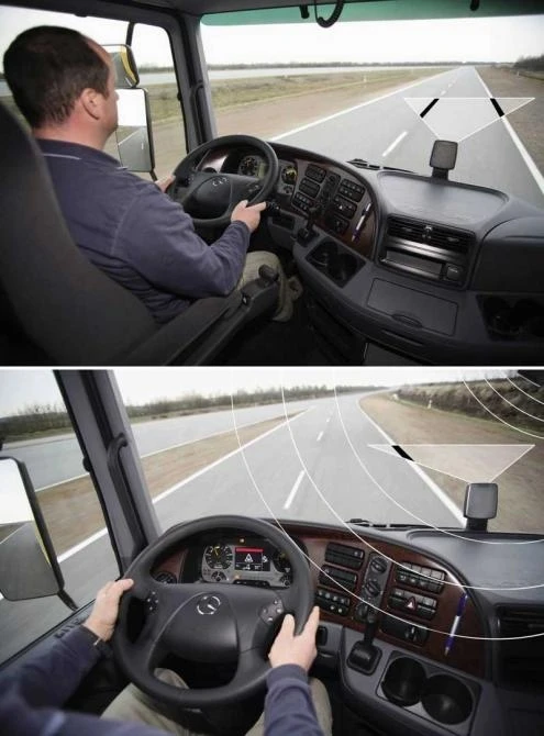 The Telligent Lane Assistant warns the driver when the vehicle is in danger of leaving its lane unintentionally. For this purpose it uses a camera to constantly monitor the distance between the vehicle and the lane markings. If the truck appears likely to