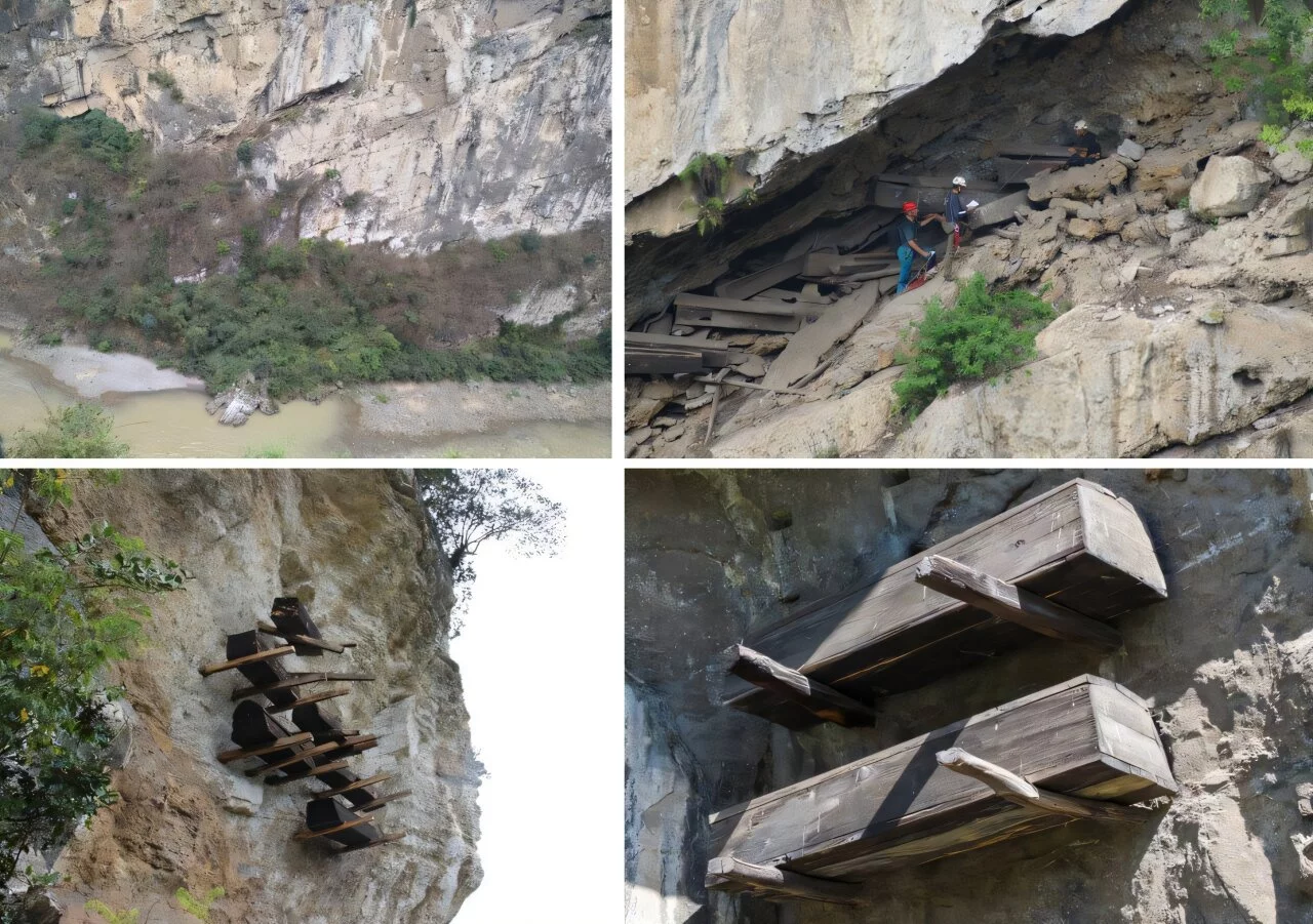 Photos of hanging coffin burials, China