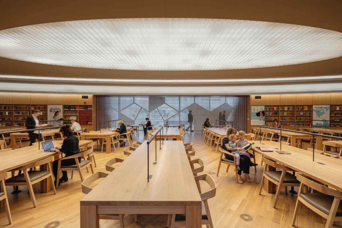 Calgary Central Library's material palette is a simple mixture of wood, glass and concrete