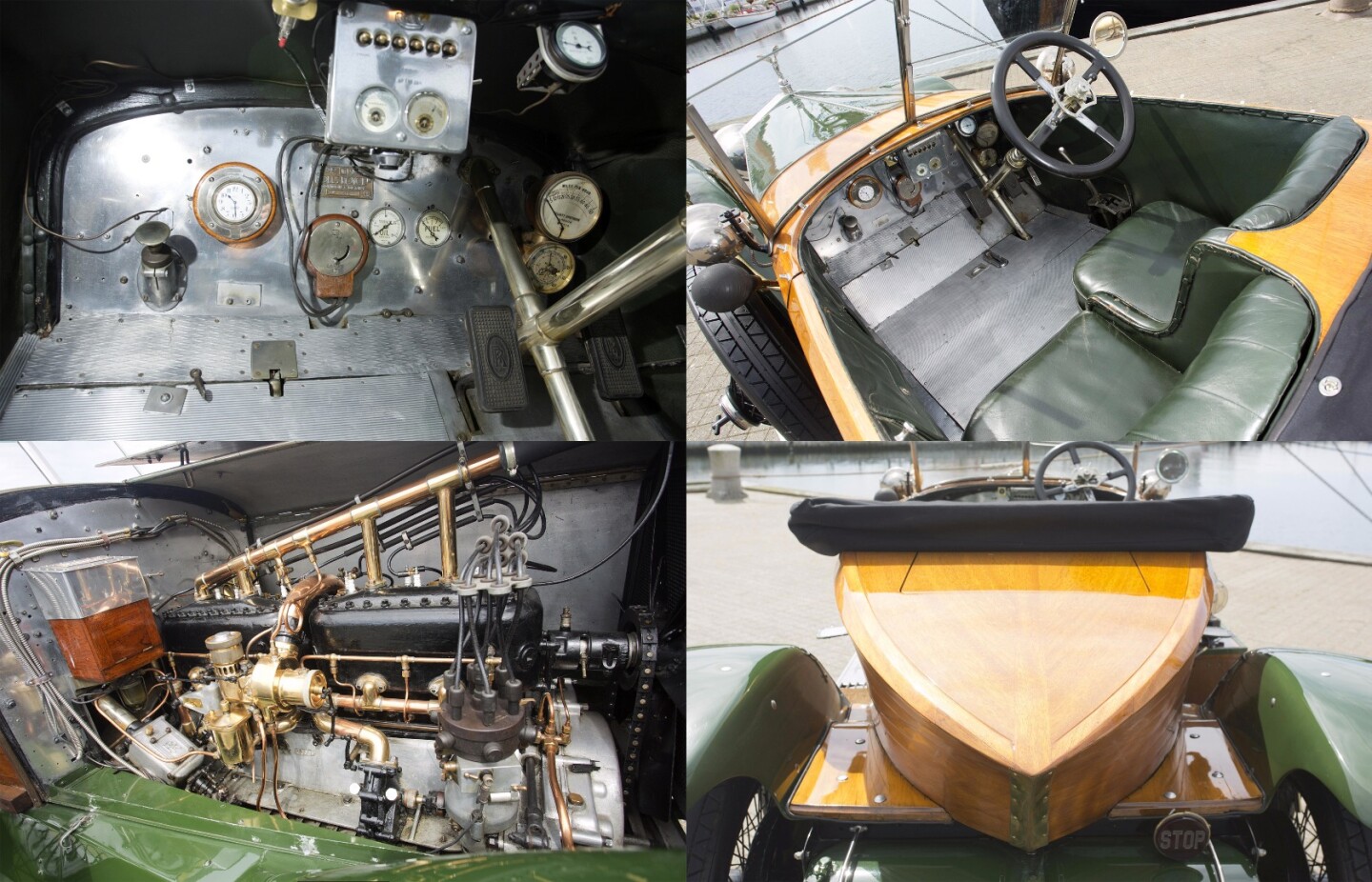 Being the best car in the world a century ago, it's interesting to take a close look at what was state-of-the-art at the time with this 1914 Rolls-Royce 40/50 Silver Ghost Skiff. At top left in the above image, the instrumentation was extensive, but top right shows it's location, which meant that you had to peer down through the steering wheel to between your feet to read any of the guages, inluding the speedometer, just to see how fast you were going. At bottom left is a close-up of the exquisite detail of the 7,428 cc L-Head Inline six cylinder engine which produced 50 horsepower. The metallurgy of the day dictated quite modest engine speeds one hundred years ago, and maximum power was achieved at just 1,500 rpm.