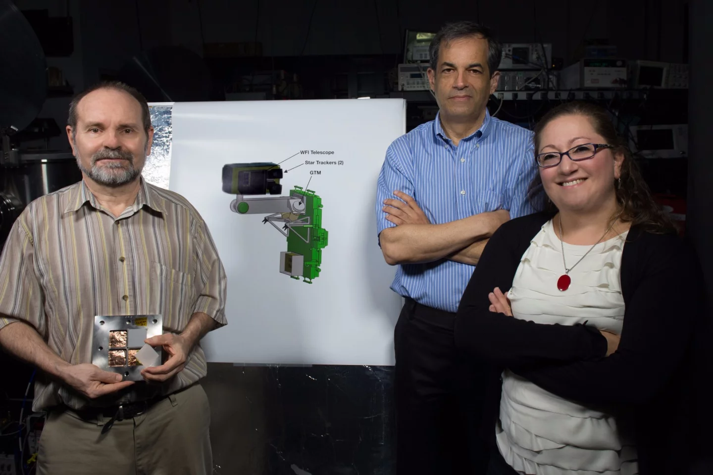 Goddard Principal Investigator Jordan Camp (center) and Co-Investigator Judy Racusin with Deputy Principal Investigator Scott Barthelmy (left) holding the micro-channel optic