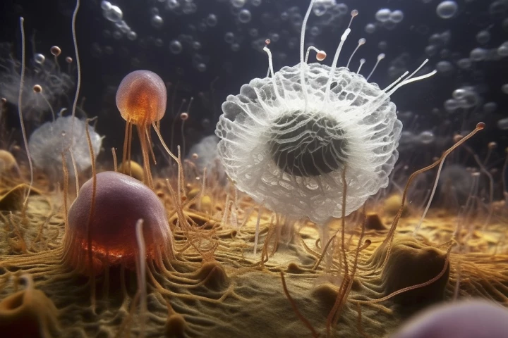 An AI-generated image constructed by the researchers illustrates what the lifeforms in the "Protosterol Biota" may have looked like