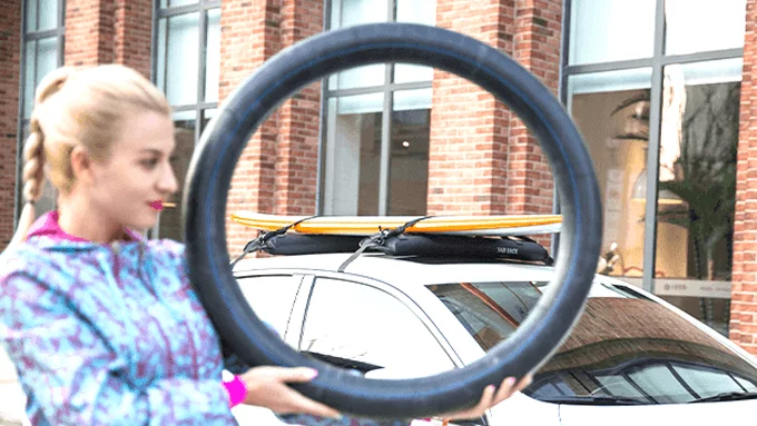 The Tair roof rack system relies on standard bicycle inner tubes