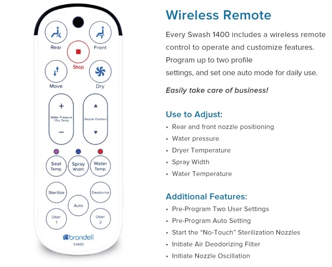 The Brondell Swash 1400 is controlled via remote, and users can apply their preferences to several different profiles