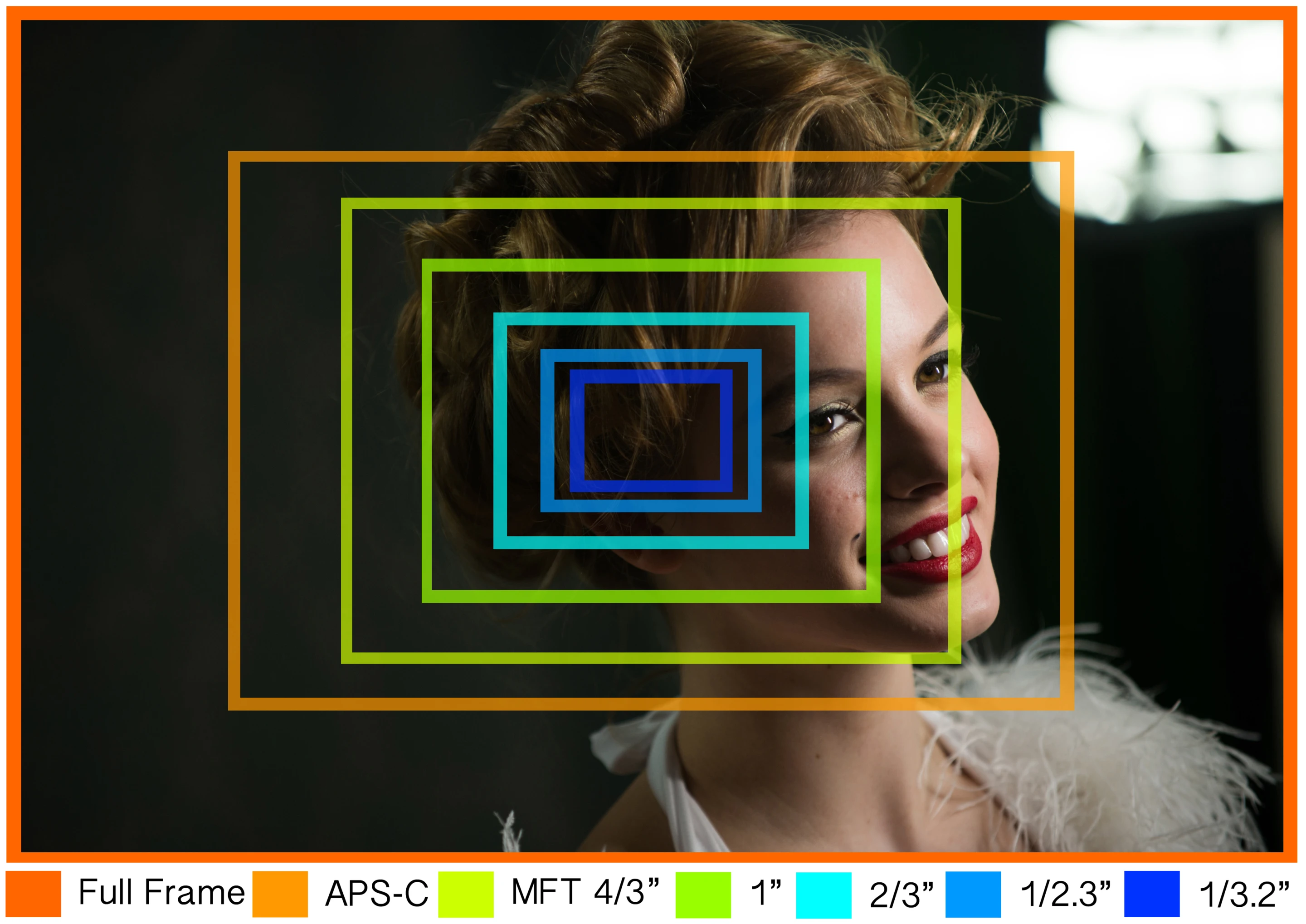 What different-sized sensors – Full Frame, APS-C, MFT, 1-inch, 2/3-inch, 1/2.3-inch, 1/3.2-inch – would have captured if using the same lens to take this photo