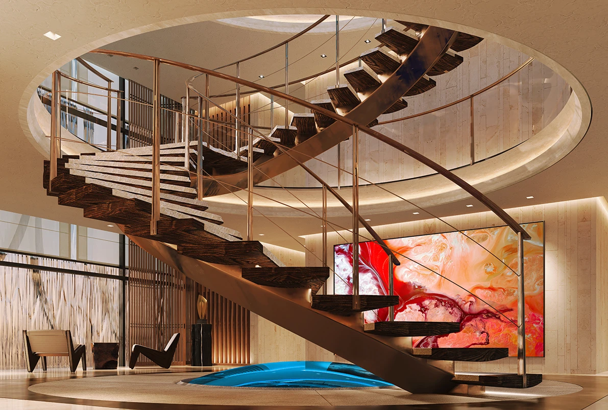 A stunning circular staircase connects the owner’s suite with a huge 900-sq m (9,688-sq ft) panoramic deck