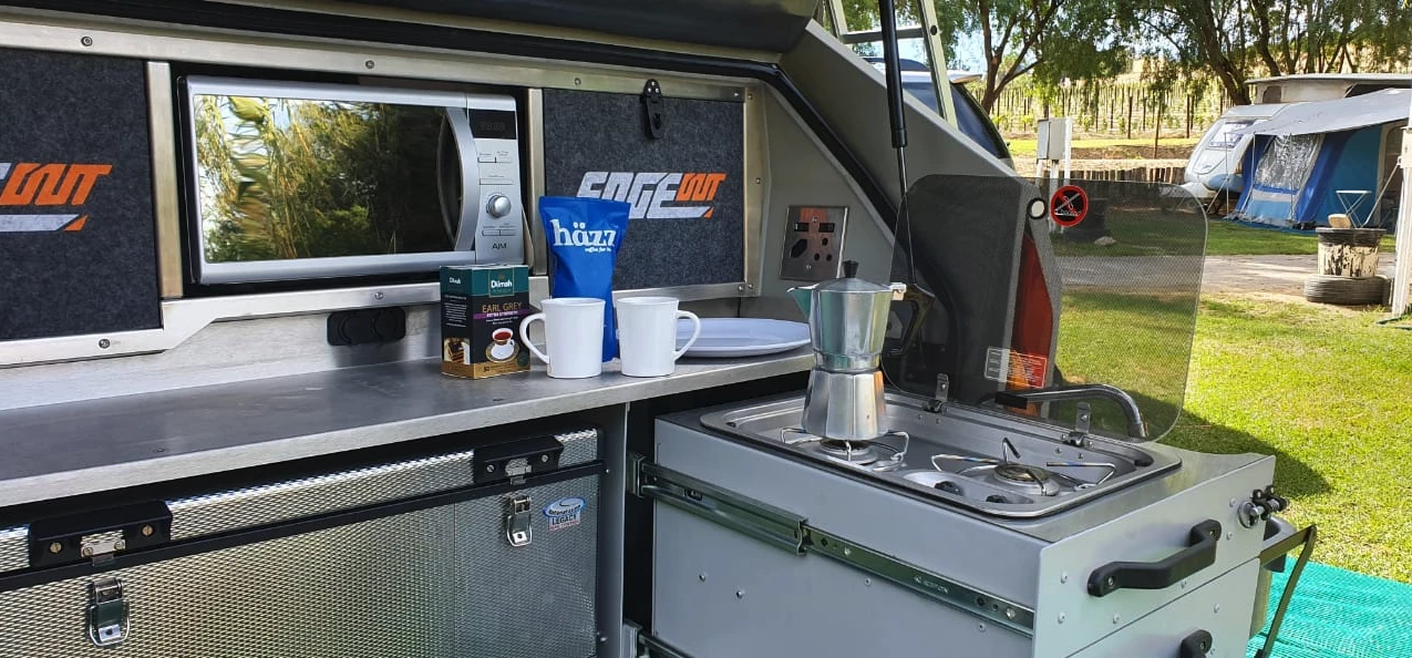 Getting morning coffee bubbling on the dual-burner stove