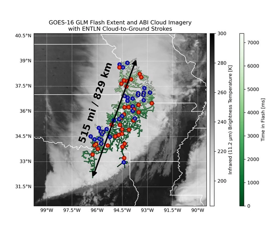 New satellite imaging details the lightning flash of 515 ± 5 mi (829 km ± 8 km) that extended from eastern Texas to near Kansas City on October 22, 2017