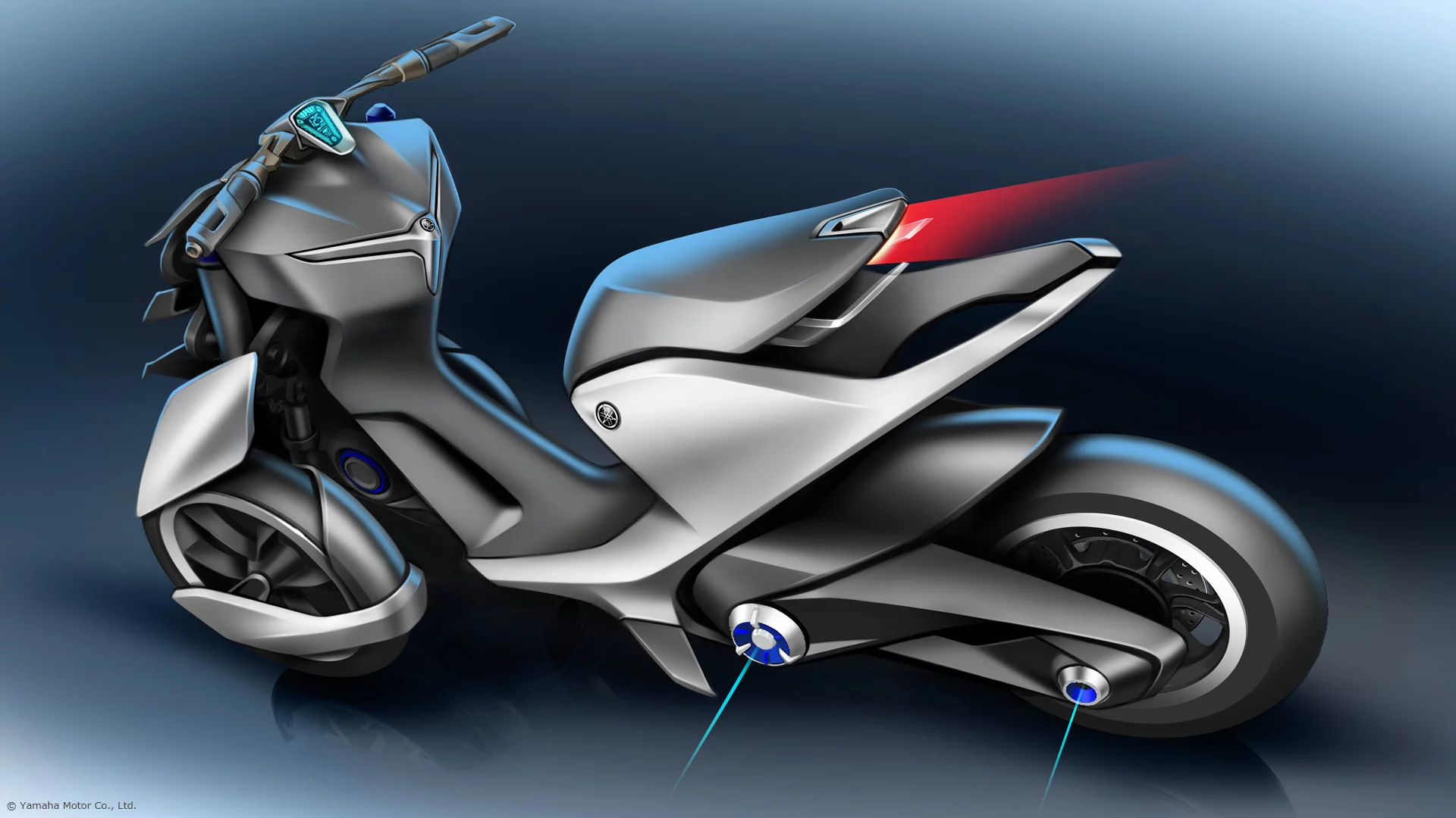 Yamaha's press material indicates that the 03GEN-f was designed with the underlying theme "Future Racing," emphasizing the Leaning Multi-Wheel mechanism and visually expressing both the futuristic feel and Yamaha's racing image.