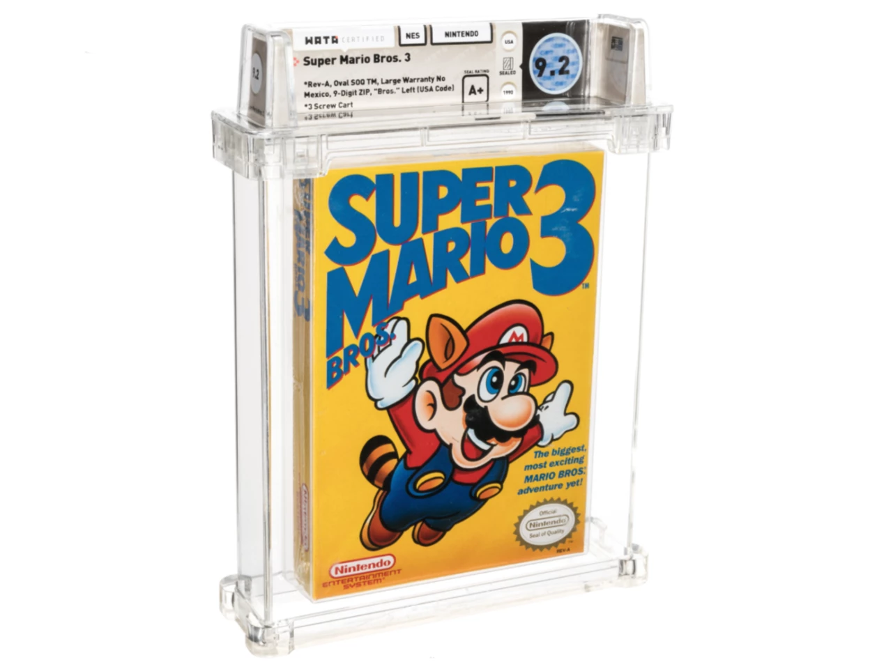 This first production sealed copy of the 1990 Nintendo NES “Super Mario Bros. 3” game, graded Wata 9.2 A+, sold for $156,000 at Heritage Auctions on November 22, 2020