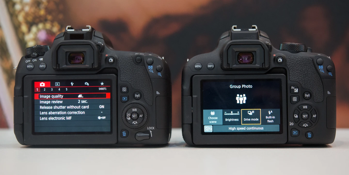 The Canon EOS 800D (also known as the Rebel T7i) has a guided visual interface, though this mode can also be activated on the Canon EOS 77D (left)