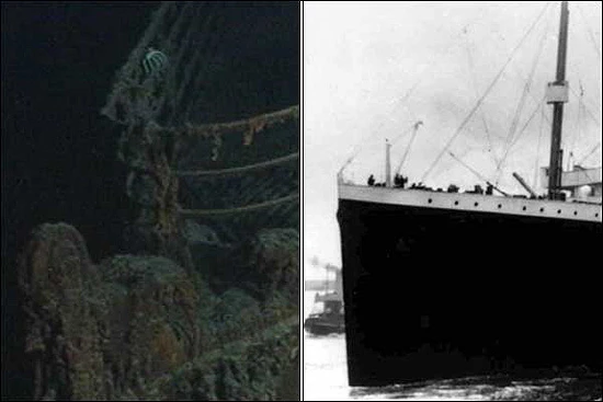 The rusticle-encrusted Titanic at the bottom of the ocean (left), and the RMS Titanic before tragedy struck (right)