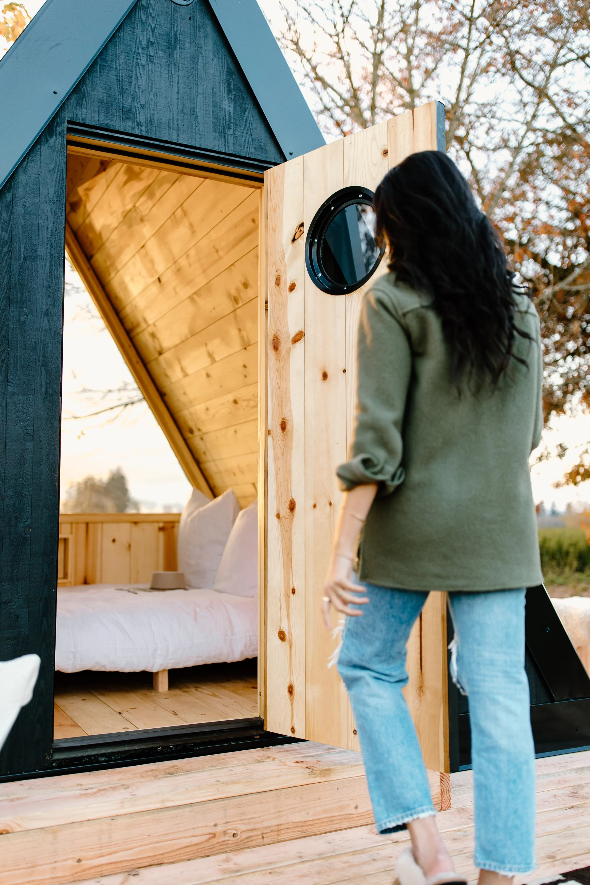 The Bivvi Cabin's interior can be finished in pine tongue and groove, douglas fir ply, or birch ply