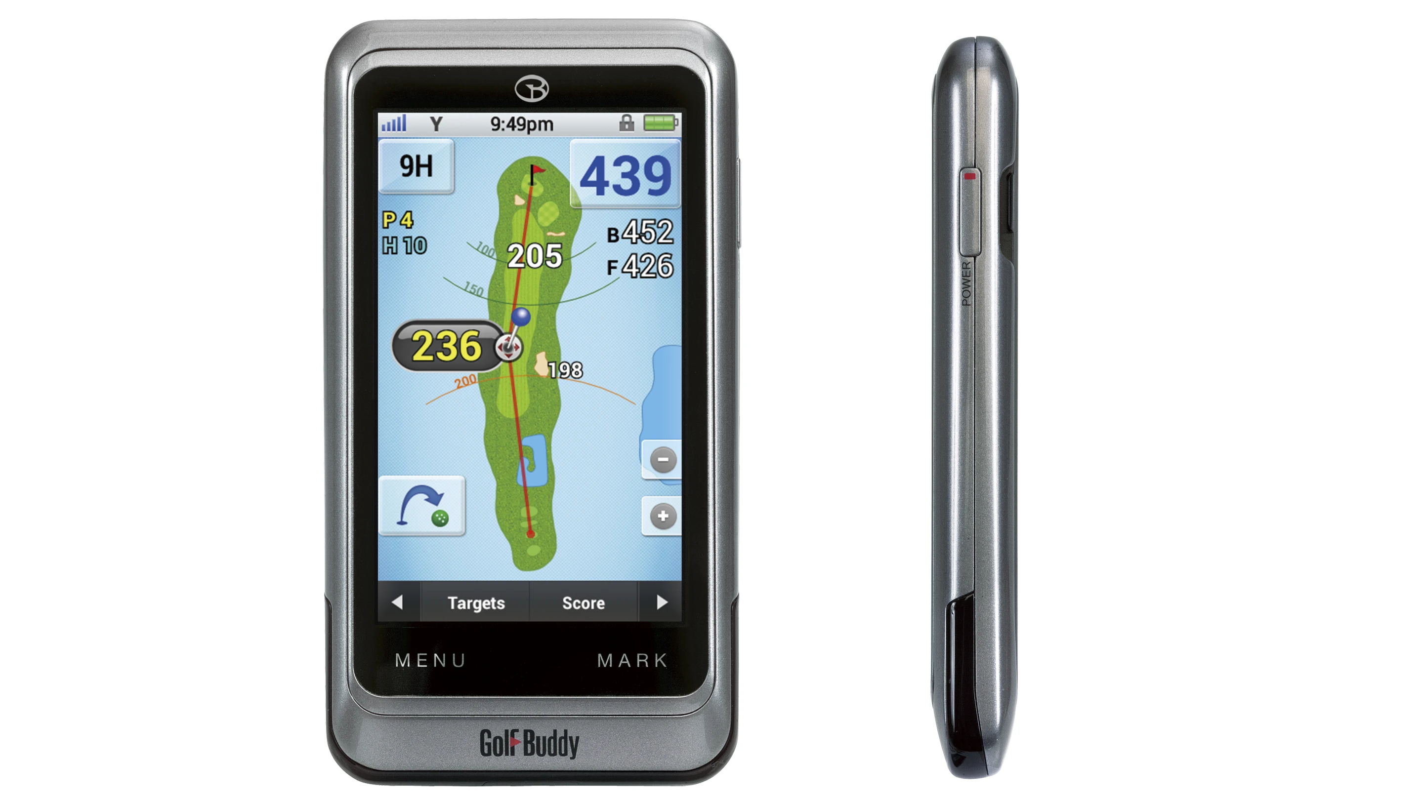 The slimline GolfBuddy PT4 measures 2.7 x 5.0 x 0.59 in (69 x 128 x 15 mm)