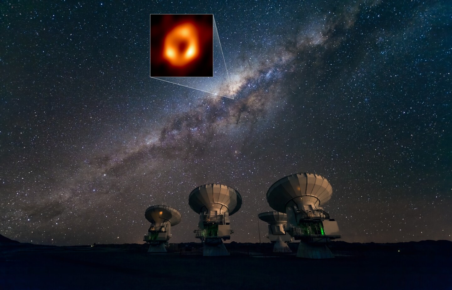The Atacama Large Millimeter/submillimeter Array (ALMA) is one of the eight observatories networked together to form the Event Horizon Telescope, which made observations of Sagittarius A* over multiple nights in 2017. Scientists have extracted different images captured during those observations to form a single composite image of the supermassive black hole at the center of the Milky Way