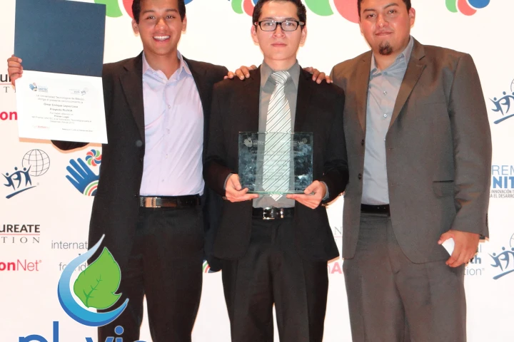 The three young inventors of the Pluvia system, which uses rainwater runoff to generate electricity