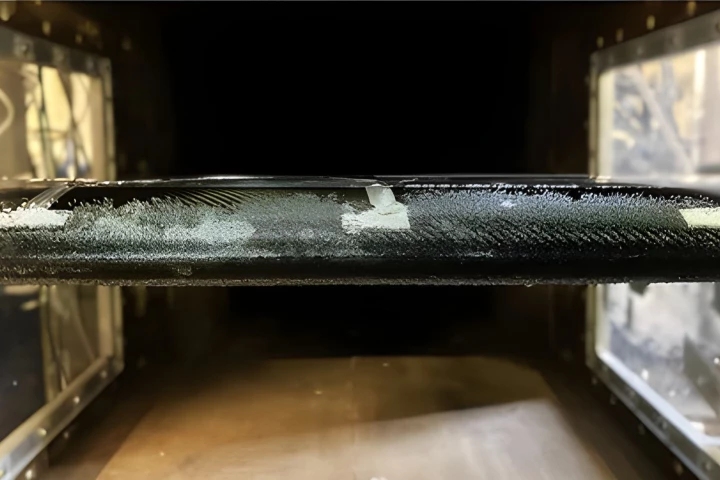 Ice crystals form on a wing being tested inside an icing wind tunnel